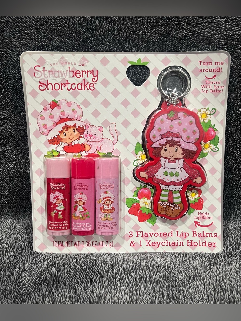 Strawberry Shortcake flavored lip balm set includes a keychain holder